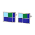 Square cufflinks with blue and green geometric enamel inlay on polished silver base - Blue and Green Color Blocking (B1557-2)