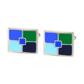 Modern rectangular cufflinks with blue, green, and black geometric enamel inlay - Dark Blue and Black Multicolor (B1557-3)