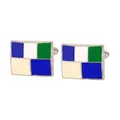 Zilveren vierkante manchetknopen met blauw groen en wit geometrisch emaille ontwerp - Donkerblauw en Wit Meerkleurig (B1557-5)