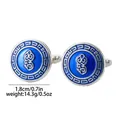 Detailed view of silver cufflinks with blue enamel patterns and 1.8cm diameter size spec - Abstract Hollow Pattern Style (B1550)
