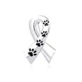 Detail of silver awareness ribbon brooch with four black paw prints in enamel finish - Black Paw Ribbon Brooch (C1416-BL)