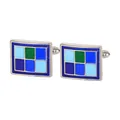 Heren manchetknopen vierkant zilver met blauw en groen geëmailleerd ruitpatroon - Blauwtinten Meerkleurig (B1557-6)