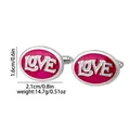 Silver cufflinks with pink enamel and LOVE lettering, sizing details shown on white backdrop - Red LOVE Style (B1558)