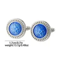 Dettaglio dei gemelli in argento con smalto blu, con dimensioni di 1,7 cm e peso indicati - Stile a Volute (B1546)