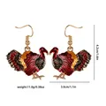 Detail showing dimensions of enamel turkey earrings with gold fishhook ear hooks - Turkey Drop Earrings (F1490)