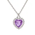 Collar de moda con colgante de corazón morado, cadena plateada y halo de cristales finos - Púrpura