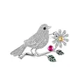 Detailed view of crystal bird brooch with green enamel leaves and daisy accents - Silver Bird Flower (K1012-SI)