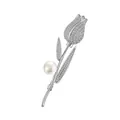 Detailed view of silver tulip brooch with micro-pave zircons and a white pearl accent - Silver Tulip (K1019)
