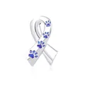 Silver ribbon brooch featuring four blue paw prints with a glossy enamel finish - Blue Paw Ribbon Brooch (C1416-BLU)