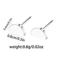 Detailed macro view showing silver semi-circle stud earrings with 0.8cm width dimensions - Semicircle