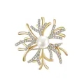 Goldene Korallenbrosche mit zentraler weißer Perle und funkelnden Zirkon-Kristallen - Gold Koralle (K1011)