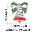 Detailed size view of a Christmas bell brooch with green bow and sparkling rhinestones - Bowknot Bell Style (C2733-27) / Silver