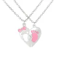 Silver heart pendant necklace set with pink footprint cutout and bow for couples - Silver Pink (A3306-SI-PI)
