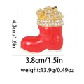 Detail showing red enamel Christmas boot brooch with crystal bear and gift box measurements - Gold