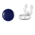 Silver-tone round cufflinks with deep blue enamel inlay and functional hinge mechanism - Silver-Dark Blue