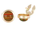 French style gold cufflinks with round colorful striped inlay and hinge closure - Red Green Orange Striped Style (B1580-4) / Alloy
