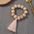 Servilletero rústico de cuentas de madera natural con borla rosa para mesa - Cuentas Madera Natural Borla Rosa (Z1139)