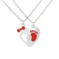 Silver-finish heart pendant necklace featuring red bow and baby footprint design - Silver Red (A3306-SI-RE)