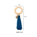 Servilletero rústico de madera con cascabel de bronce y borla de hilo azul oscuro - Anillo Madera Borla Azul Campana (Z1201)