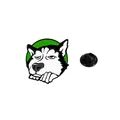 Cartoon husky enamel pin with green circular background and black butterfly clutch - Funny Expression (C2766-4)