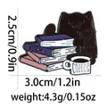 Cartoon brown cat with books and coffee enamel pin badge with product dimensions - Black Cat With Stack Of Books Style