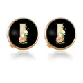 Golden round cufflinks with black background and floral letter I in elegant design - Letter I Style