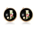 Golden round cufflinks featuring letter J with floral patterns on black background - Letter J Style
