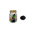 Cartoon black cat in a glass jar enamel pin with green leaves and black rubber back - Jar Black Cat With Green Leaves Style (C2784-1)