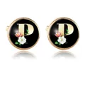 Mens gold letter P cufflinks with black enamel and floral design for French shirts - Letter P Style