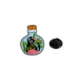 Cartoon enamel pin featuring a black cat inside a glass bottle with flowers and leaf details - Round Bottle Black Cat With Pink Flowers Style (C2784-3)