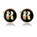 Classic round gold-plated cufflinks with black enamel and floral letter R design - Letter R Style