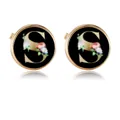 Golden round cufflinks with letter S floral pattern on black background for men - Letter S Style