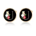 Golden round cufflinks with letter U and colorful floral design on a black base - Letter U Style