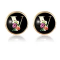 Classic round cufflink with letter V and floral motifs on a black glossy base - Style Letter V
