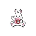 Broche lapin blanc en émail tenant un appareil photo rose, accessoire créatif en alliage - Style Lapin avec Appareil Photo Rose (C2638-1)