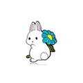 Detailed view of a white rabbit enamel pin with a blue flower on its back in alloy metal - Rabbit with Large Blue Flower on Back Style (C2638-5)