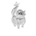 Charming silver cat and butterfly brooch with intricate metal fur texture and black gem eyes - C2731-15-si