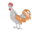 Sparkling silver rooster brooch with clear rhinestones and orange enamel accents - Silver Rooster Style (C2746-27)