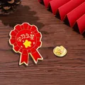 Macro view of Learning Star enamel medal with red ribbon design and gold butterfly clutch - Star of Learning (C2659-1)