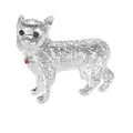 Silberne Katzen-Brosche aus Metall mit schwarzen Edelsteinaugen und roten Kristallen - Welpen Stil-Silber