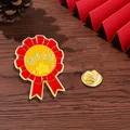 Detailed macro view of Progress Star enamel pin with red ribbon design on wood - Star of Progress (C2659-3)