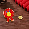 Detailed close-up of a red flower enamel pin with Chinese character and butterfly clutch - Excellent (C2659-4)
