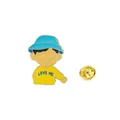 Cartoon boy enamel pin in yellow sweater and blue hat with LOVE ME text and metal clasp - Love Me Little Boy Style (C2672-2)