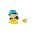 Cartoon girl enamel pin with blue bucket hat and HUG ME text on yellow sweater - Hug Me Little Girl Style (C2672-3)