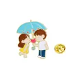 Cartoon couple under blue umbrella enamel brooch pin with heart detail and golden butterfly clutch - Blue Umbrella Couple Style (C2672-6)