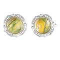Silver round cufflinks with crystal halo and green marble glass art inlay - Yellow Green Swirl (B1517-1)