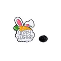 Paashaas emaille speld met wortel en Hoppy Easter tekst op wolkenbasis - Hoppy Easter Konijnenoren Stijl (C2696-1)