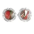 Silver round business cufflinks with red green abstract glass and crystal border - Red Green White Swirl (B1517-3)