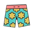 Cartoon blue and pink swim trunks enamel pin featuring yellow flower patterns - Floral Embellished Beach Shorts Style (C2820-5)