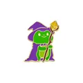 Cartoon frog wizard enamel pin with purple cape and golden staff on white background - C2830